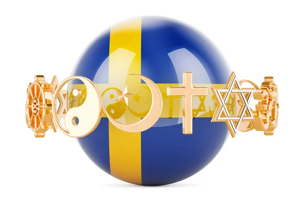 Zweedse Vlag Geschilderd Bol Met Religieuze Symbolen Rond Weergave Geïsoleerd — Stockfoto
