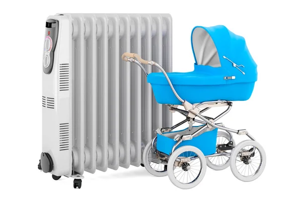 Oil heater with baby stroller. 3D rendering isolated on white background