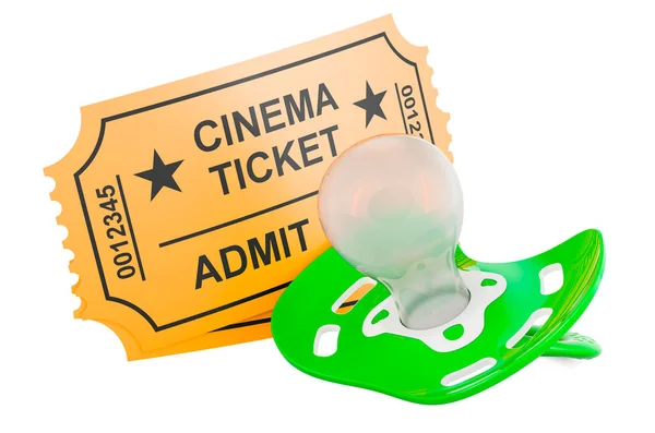 Baby pacifier with cinema tickets, 3D rendering isolated on white background