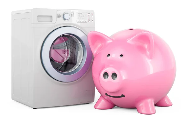 Wasmachine Met Spaarvarken Bank Rendering Geïsoleerd Witte Achtergrond — Stockfoto
