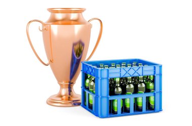 Altın kupa ödüllü sandık dolusu bira şişesi. Beyaz arkaplanda 3B görüntüleme izole edildi