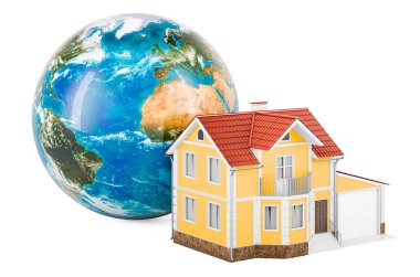 House with Earth Globe, 3D rendering isolated on white background