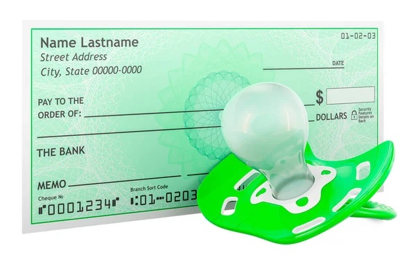 Baby pacifier with blank bank check. 3D rendering isolated on white background