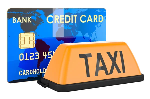 Taxi car signboard with payment card. Cashless payments concept. 3D rendering isolated on white background