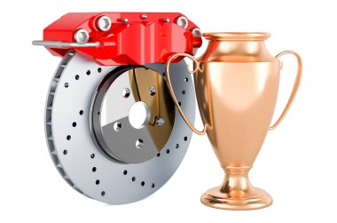 Car disc brake with gold trophy cup award, 3D rendering isolated on white background