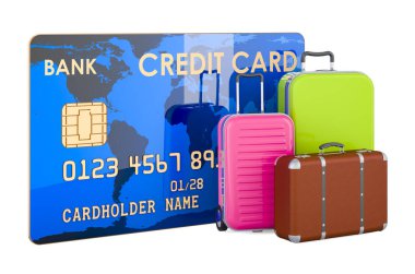 Credit card with suitcase, 3D rendering isolated on white background
