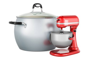 Standart karıştırıcılı tencere, beyaz arkaplanda 3 boyutlu görüntüleme 
