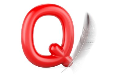 Kids ABC, Letter Q with quill. 3D rendering isolated on white background