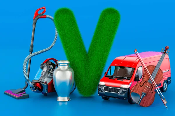 Kids ABC, fluffy letter V with vacuum cleaner, vase, van, violin, 3D rendering on blue background