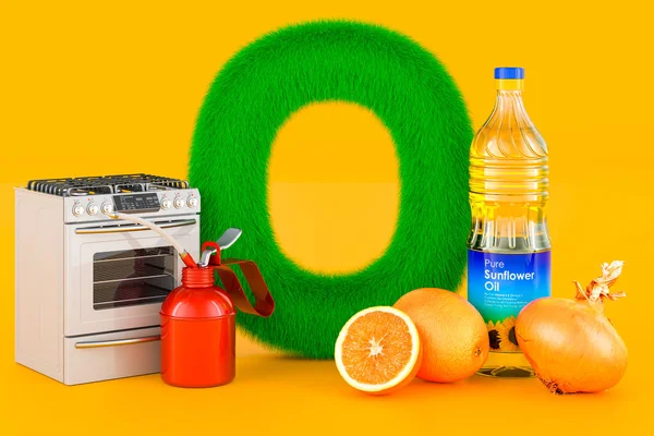 Fluffy letter O with oven, oil can, orange, onion, sunflower oil bottle. Kids ABC, 3D rendering on orange background