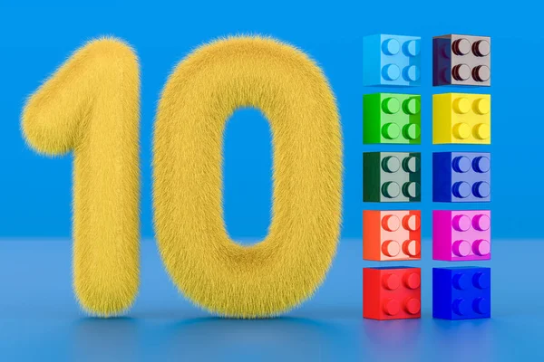 Fluffy 10 with ten colorful building toy blocks, 3D rendering on blue background