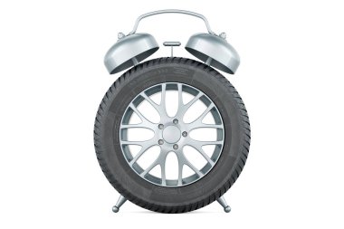 Car wheel as alarm clock, 3D rendering isolated on white background