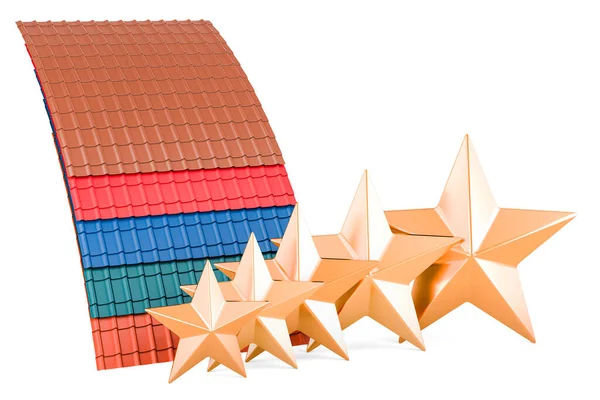 Telhas Metal Colorido Com Cinco Estrelas Douradas Avaliação Cliente Renderização — Fotografia de Stock