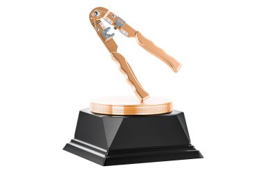 Tahta masada sakat, kötürüm bir alet, altın ödül konsepti. Beyaz arkaplanda 3B görüntüleme izole edildi