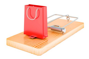 Fare kapanının içinde alışveriş torbası. Beyaz arkaplanda 3B görüntüleme izole edildi