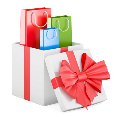 Hediye kutusunun içinde alışveriş torbaları, hediye konsepti. Beyaz arkaplanda 3B görüntüleme izole edildi