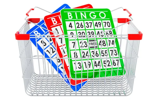 Bingo Kártyák Belül Bevásárló Kosár Renderelés Elszigetelt Fehér Háttér — Stock Fotó