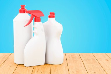 Sahte plastik şişeler. Deterjan, ahşap masadaki temizlik ürünleri, 3 boyutlu görüntüleme.