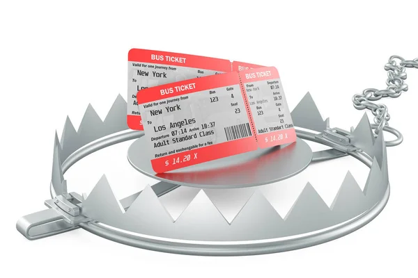 Bus tickets inside bear trap. 3D rendering isolated on white background