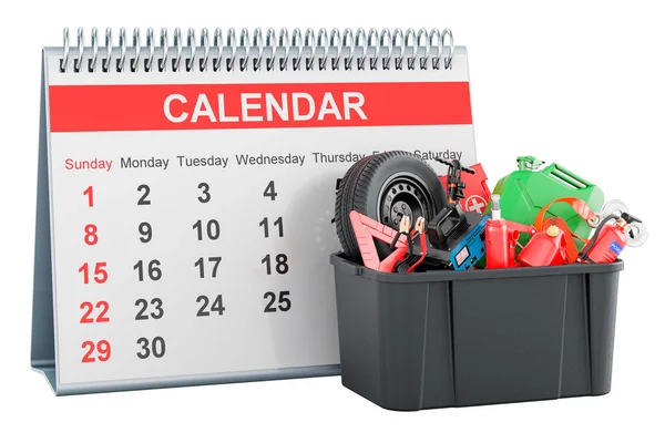 Stock image Plastic box full of car tools, equipment and accessories with desk calendar, 3D rendering isolated on white background