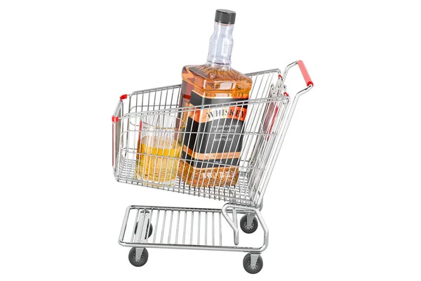 Viski Şişesi Bir Bardak Viski Alışveriş Arabasının Içinde Boyutlu Görüntüler — Stok fotoğraf