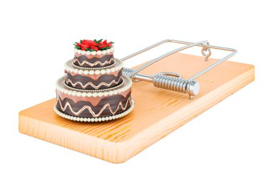 Fare kapanının içinde çikolatalı kek. Beyaz arkaplanda 3B görüntüleme izole edildi