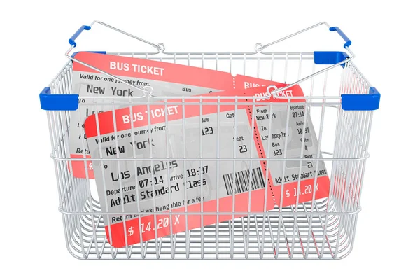 Bus tickets inside shopping basket, 3D rendering isolated on white background