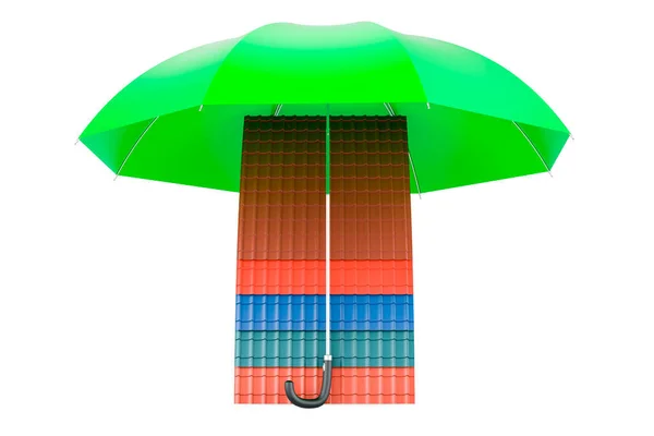Renkli Metal Çatı Döşemeleri Şemsiye Altında Beyaz Arkaplanda Görüntüleme Izole — Stok fotoğraf