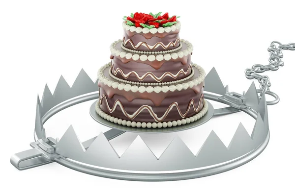 Chocolate Birthday Cake inside bear trap. 3D rendering isolated on white background