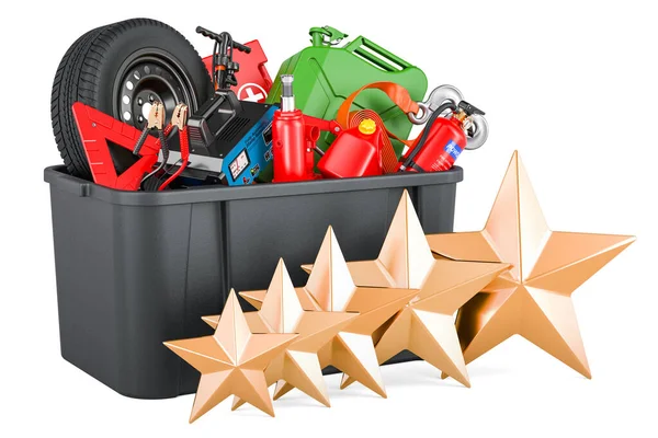Plastic Box Full Car Tools Equipment Accessories Five Golden Stars — Stock Photo, Image