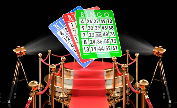 Podium Kartami Bingo Rendering Czarnym Tle — Zdjęcie stockowe