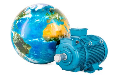 Dünya Küresi 'ne sahip endüstriyel elektrikli motor, beyaz arka planda 3 boyutlu görüntüleme.