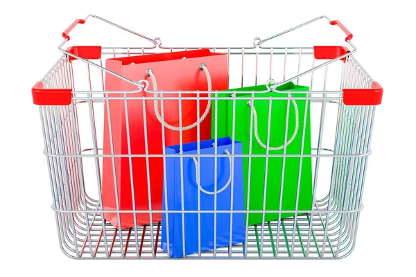 Alışveriş Sepetinin Içinde Alışveriş Poşetleri Beyaz Arka Planda Boyutlu Görüntüleme — Stok fotoğraf