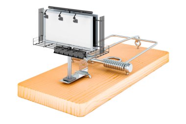 Fare kapanının içinde reklam panosu boş. Beyaz arkaplanda 3B görüntüleme izole edildi