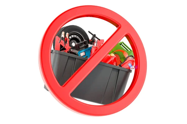 Πλαστικό Κουτί Γεμάτο Εργαλεία Εξοπλισμό Και Εξαρτήματα Αυτοκινήτων Απαγορευμένο Σύμβολο — Φωτογραφία Αρχείου
