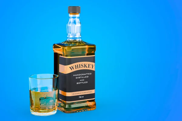 Whiskey bottle with full glass of whiskey, 3D rendering isolated on blue background