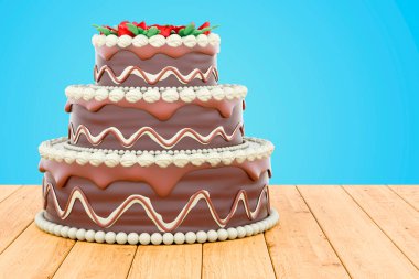 Tahta masadaki çikolatalı pasta, 3 boyutlu.