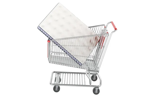 ショッピングカート内のマットレス 白い背景に隔離された3Dレンダリング — ストック写真