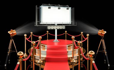 Açık hava reklam panosu olan bir podyum. Siyah arkaplanda 3B görüntüleme