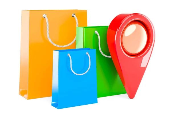 Shopping Påsar Med Karta Pekare Rendering Isolerad Vit Bakgrund — Stockfoto