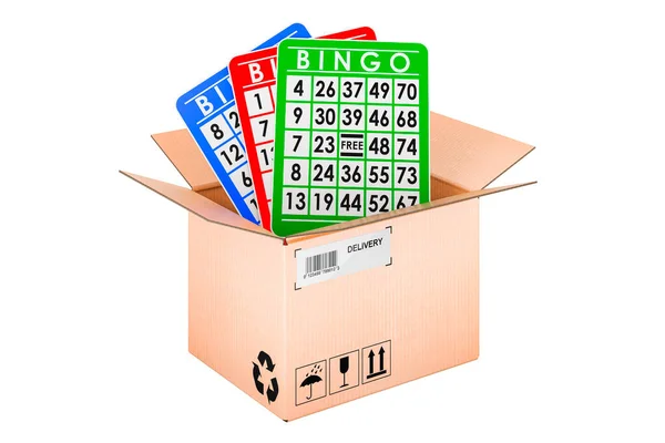 Tarjetas Bingo Dentro Caja Cartón Concepto Entrega Representación Aislada Sobre —  Fotos de Stock