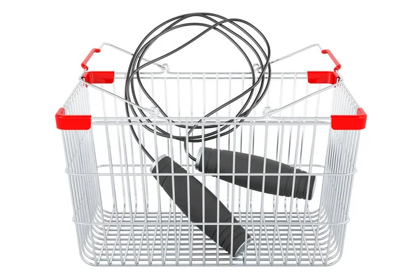 ショッピングバスケット内のロープやジャンプロープ 白い背景に隔離された3Dレンダリングをスキップ — ストック写真