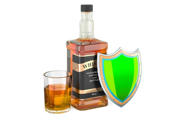 Whiskey bottle and full glass of whiskey with shield. 3D rendering isolated on white background