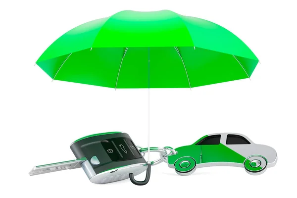 Car key with car shape metal keychain under umbrella. 3D rendering isolated on white background