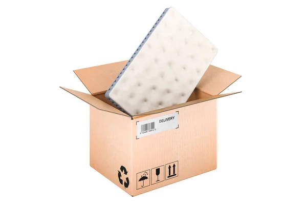 Mattress Cardboard Box Delivery Concept Rendering Isolated White Background — Stock Photo, Image