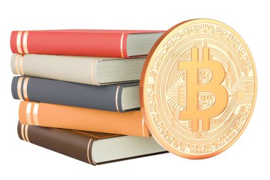 Kitaplı bitcoin, beyaz arkaplanda 3 boyutlu görüntüleme