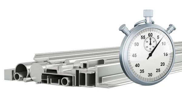 Kronometresi Olan Rolled Metal Ürünleri Yığını Beyaz Arkaplanda Boyutlu Görüntüleme — Stok fotoğraf