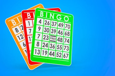 Bingo kartları, mavi arkaplanda 3 boyutlu görüntüleme