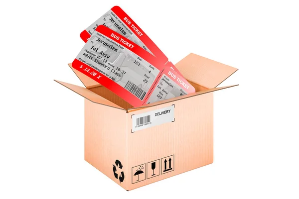 Bus Tickets Cardboard Box Delivery Concept Rendering Isolated White Background — Stock Photo, Image