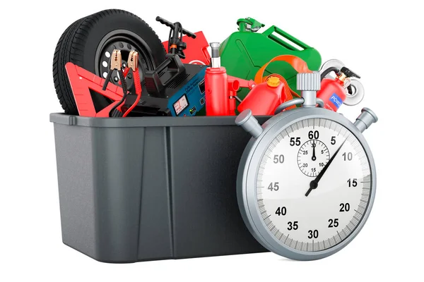 Plastic Box Full Car Tools Equipment Accessories Stopwatch Rendering Isolated — Stock Photo, Image
